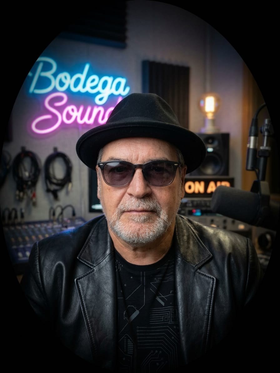Jordi Cros en su estudio de radio Bodega Sound, con micrófono y el letrero luminoso de la emisora al fondo